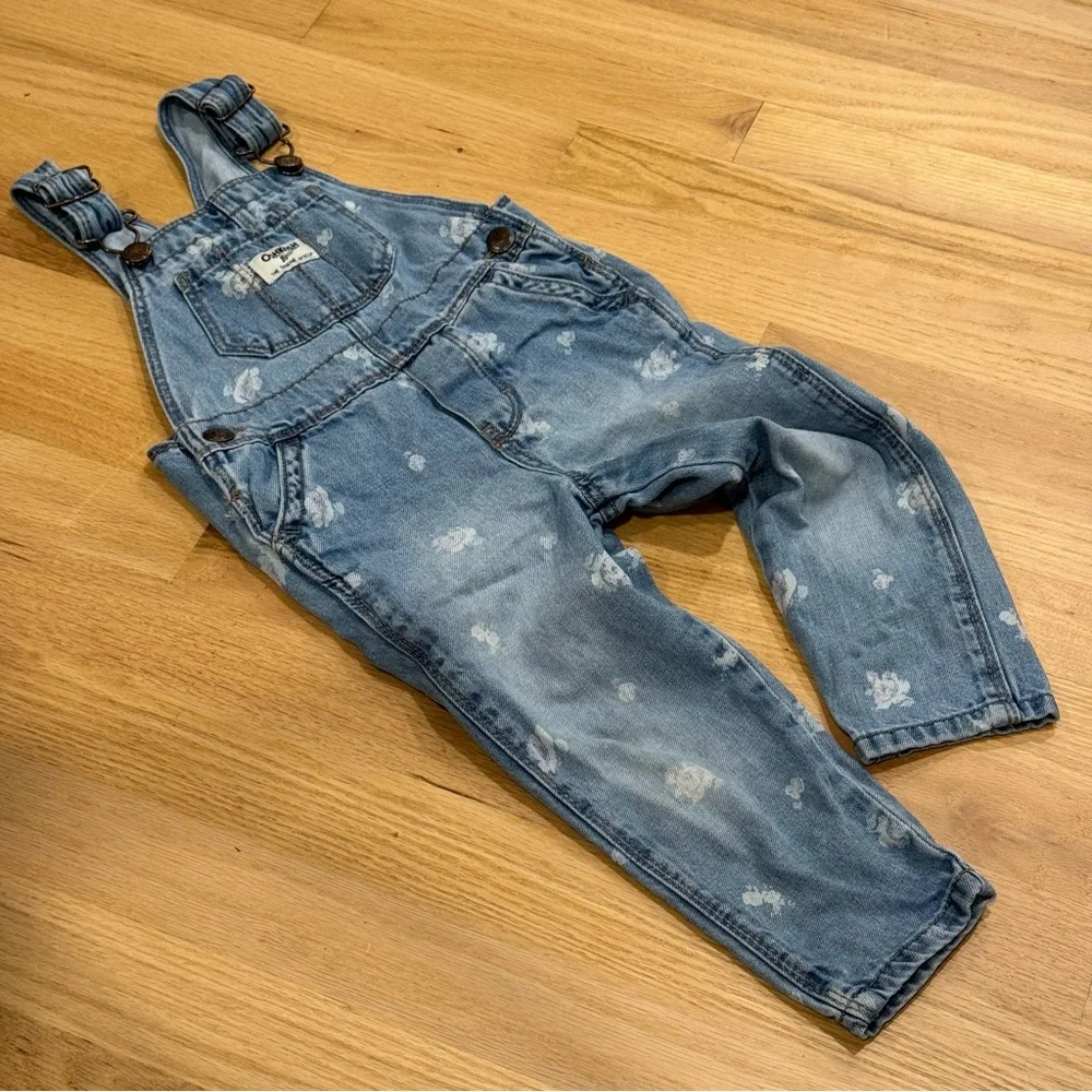 2T Denim Overalls by OshKosh with White & Pink Floral Size 2T